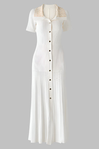 Short Sleeve Pearl Collar Ribbed Knit Midi Dress – Button Front