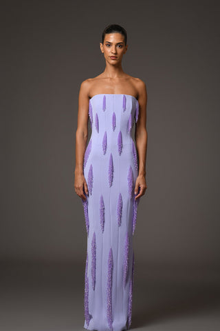 Strapless Lavender Beaded Long Crepe Dress with Fringe Embellishments