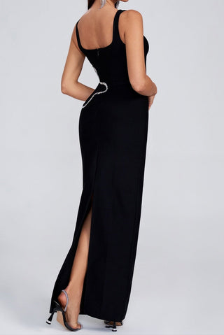 Sleeveless Bandage Maxi Dress with Rhinestone Mesh Cut-Out
