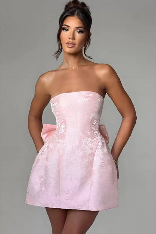 Pink Embroidered Lace Mini Dress with Back Bow & Corset Detailing