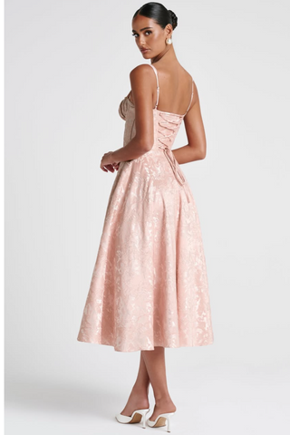 Blossom Pink Floral Jacquard Corset Long Dress with Lace Up Back and Pleated Bust