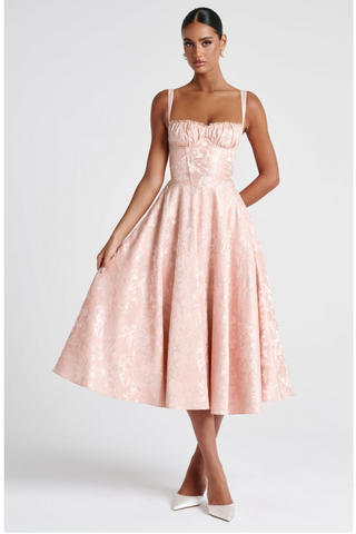 Blossom Pink Floral Jacquard Corset Long Dress with Lace Up Back and Pleated Bust