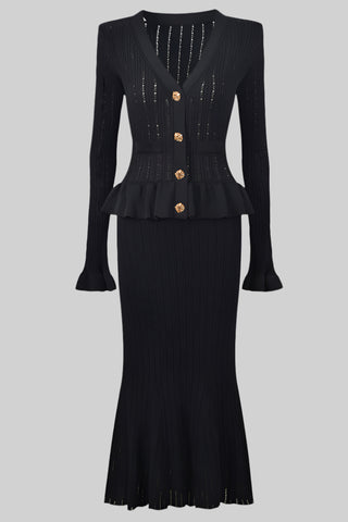 Knitted Long Midi Dress – Button-Up, Peplum Waist, Flared Long Sleeves