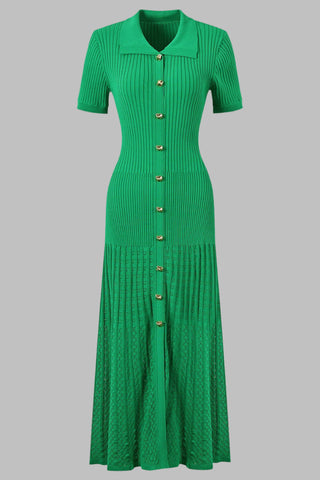 Knitted Button-Up Polo Collar Long Midi Dress – Short Sleeve