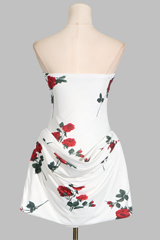 Strapless Bodycon Floral Print Draped Mini Dress