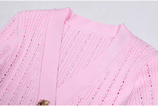 Knitted Long Midi Dress – Button-Up, Peplum Waist, Flared Long Sleeves