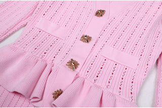 Knitted Long Midi Dress – Button-Up, Peplum Waist, Flared Long Sleeves