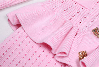 Knitted Long Midi Dress – Button-Up, Peplum Waist, Flared Long Sleeves