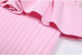 Knitted Long Midi Dress – Button-Up, Peplum Waist, Flared Long Sleeves