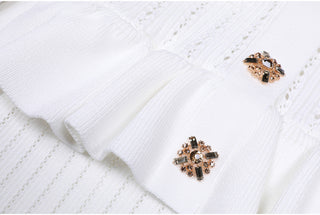 Knitted Long Midi Dress – Button-Up, Peplum Waist, Flared Long Sleeves