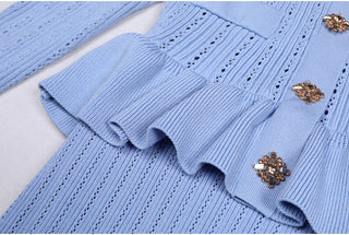 Knitted Long Midi Dress – Button-Up, Peplum Waist, Flared Long Sleeves