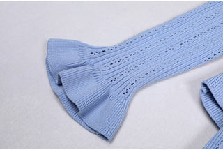 Knitted Long Midi Dress – Button-Up, Peplum Waist, Flared Long Sleeves