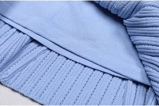 Knitted Long Midi Dress – Button-Up, Peplum Waist, Flared Long Sleeves