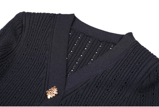 Knitted Long Midi Dress – Button-Up, Peplum Waist, Flared Long Sleeves