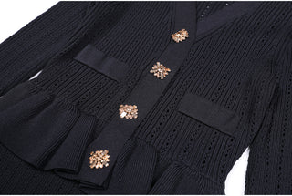 Knitted Long Midi Dress – Button-Up, Peplum Waist, Flared Long Sleeves