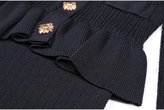 Knitted Long Midi Dress – Button-Up, Peplum Waist, Flared Long Sleeves