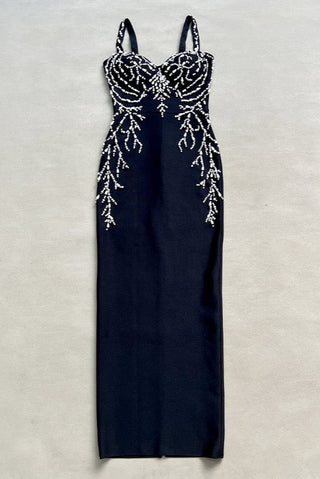 Black Rhinestone Embellished Bandage Bodycon Long  Dress – Sleeveless Strappy Slim Fit Party Dress