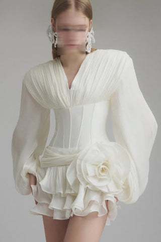 V-Neck Puff Long Sleeve Mini Dress with Corset Waist and Ruffle Skirt