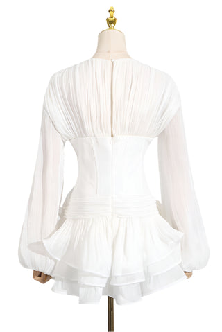 V-Neck Puff Long Sleeve Mini Dress with Corset Waist and Ruffle Skirt