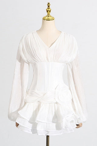 V-Neck Puff Long Sleeve Mini Dress with Corset Waist and Ruffle Skirt
