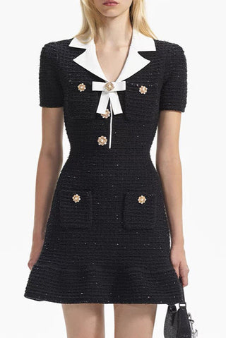 Elegant Short Sleeve Bow Tweed Mini Dress