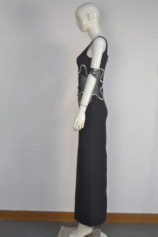 Sleeveless Bandage Maxi Dress with Rhinestone Mesh Cut-Out