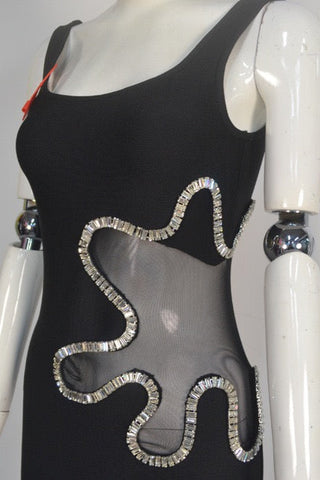 Sleeveless Bandage Maxi Dress with Rhinestone Mesh Cut-Out