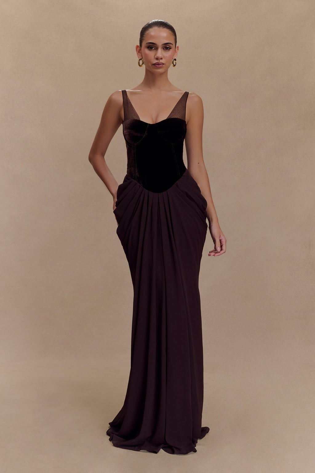 Sleeveless Velvet Corset Long Dress with Mesh Straps & Draped Chiffon