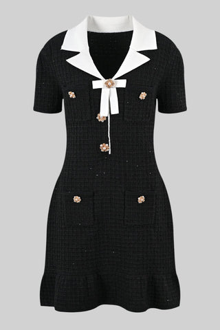 Elegant Short Sleeve Bow Tweed Mini Dress