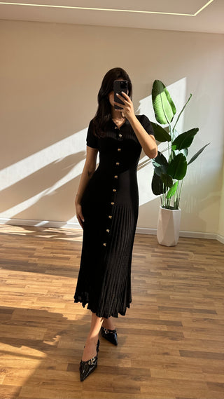 Knitted Button-Up Polo Collar Long Midi Dress – Short Sleeve