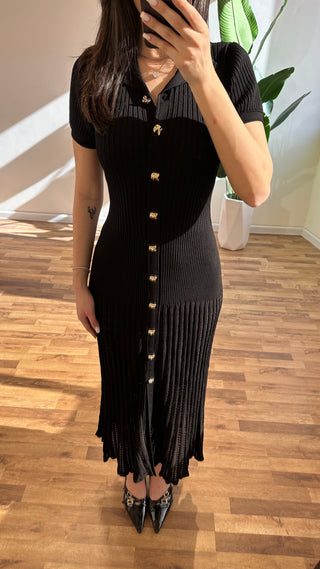 Knitted Button-Up Polo Collar Long Midi Dress – Short Sleeve