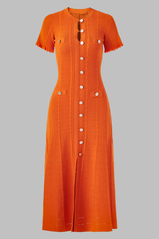 Short Sleeve Knitted Midi Dress with Front Buttons and Pocket Detail