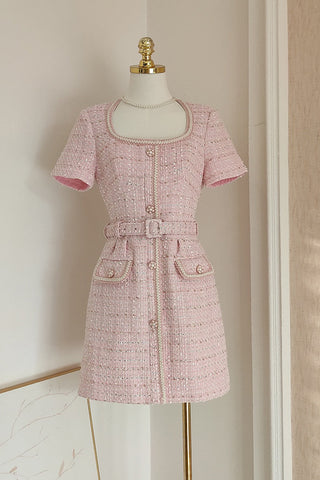 Pink Tweed Short Sleeve Mini Dress with Belt & Pearl Button Detail
