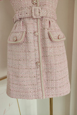Pink Tweed Short Sleeve Mini Dress with Belt & Pearl Button Detail