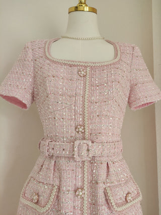 Pink Tweed Short Sleeve Mini Dress with Belt & Pearl Button Detail