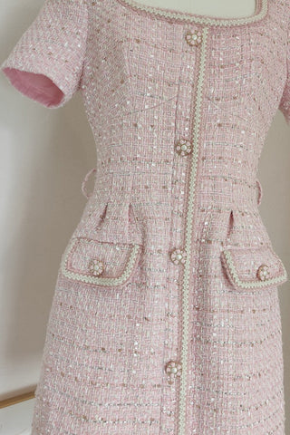Pink Tweed Short Sleeve Mini Dress with Belt & Pearl Button Detail