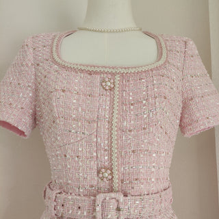 Pink Tweed Short Sleeve Mini Dress with Belt & Pearl Button Detail