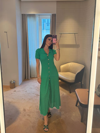 Knitted Button-Up Polo Collar Long Midi Dress – Short Sleeve