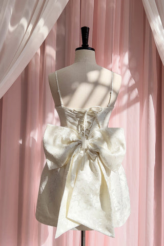 Pink Embroidered Lace Mini Dress with Back Bow & Corset Detailing