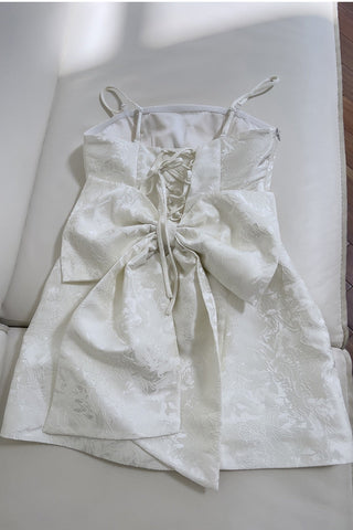 Pink Embroidered Lace Mini Dress with Back Bow & Corset Detailing