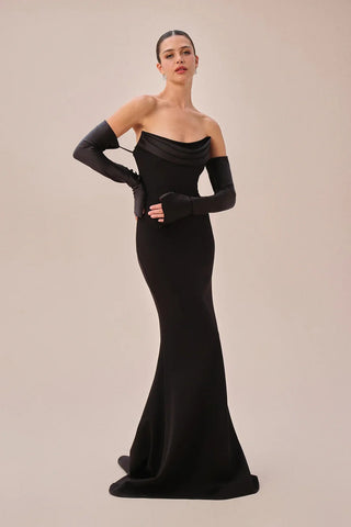 Elegant Mermaid Evening Long Dress with Draped Bust and Matching Gloves