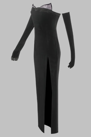 Retro Black Velvet Strapless Long Dress with Rhinestone Bust and Matching Gloves