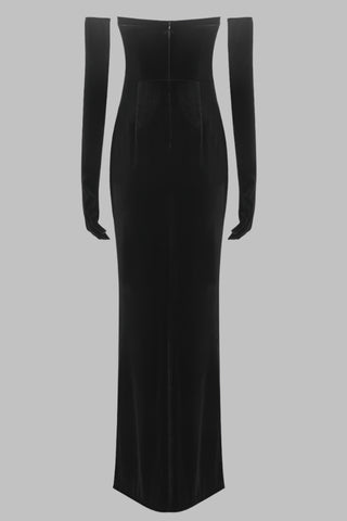 Retro Black Velvet Strapless Long Dress with Rhinestone Bust and Matching Gloves