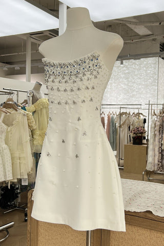 Elegant Strapless Embellished Mini Dress – White/Black