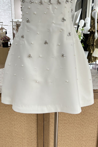 Elegant Strapless Embellished Mini Dress – White/Black