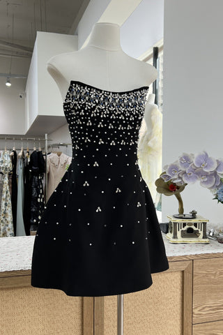 Elegant Strapless Embellished Mini Dress – White/Black