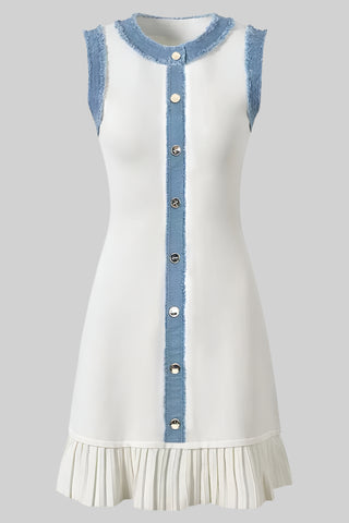 Sleeveless Button-Front Dress with Denim Trim and Pleated Hem