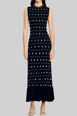 Sleeveless Knit Stud Metal Midi Dress with Ruffled Hem