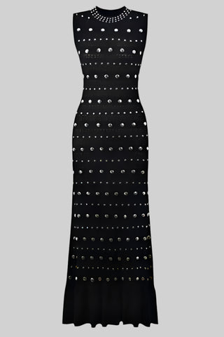 Sleeveless Knit Stud Metal Midi Dress with Ruffled Hem