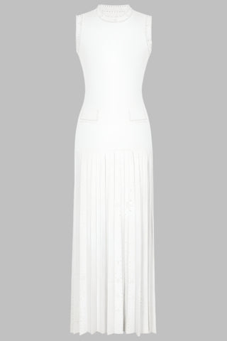 Sleeveless Knit Long Dress with Pearl Trim and Pleated Skirt